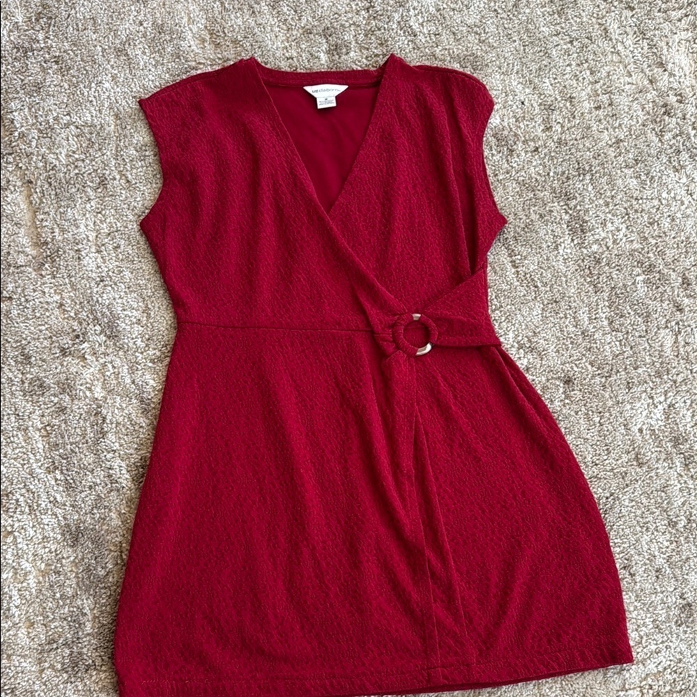 🍍 Liz Claiborne Faux Wrap Dress M Safari Spice Textured Stetch Knit Paris Red🍍